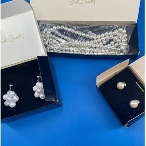 Sarah Coventry VTG Pearl Necklace Clip Earrings Set White Satin Button 1960s